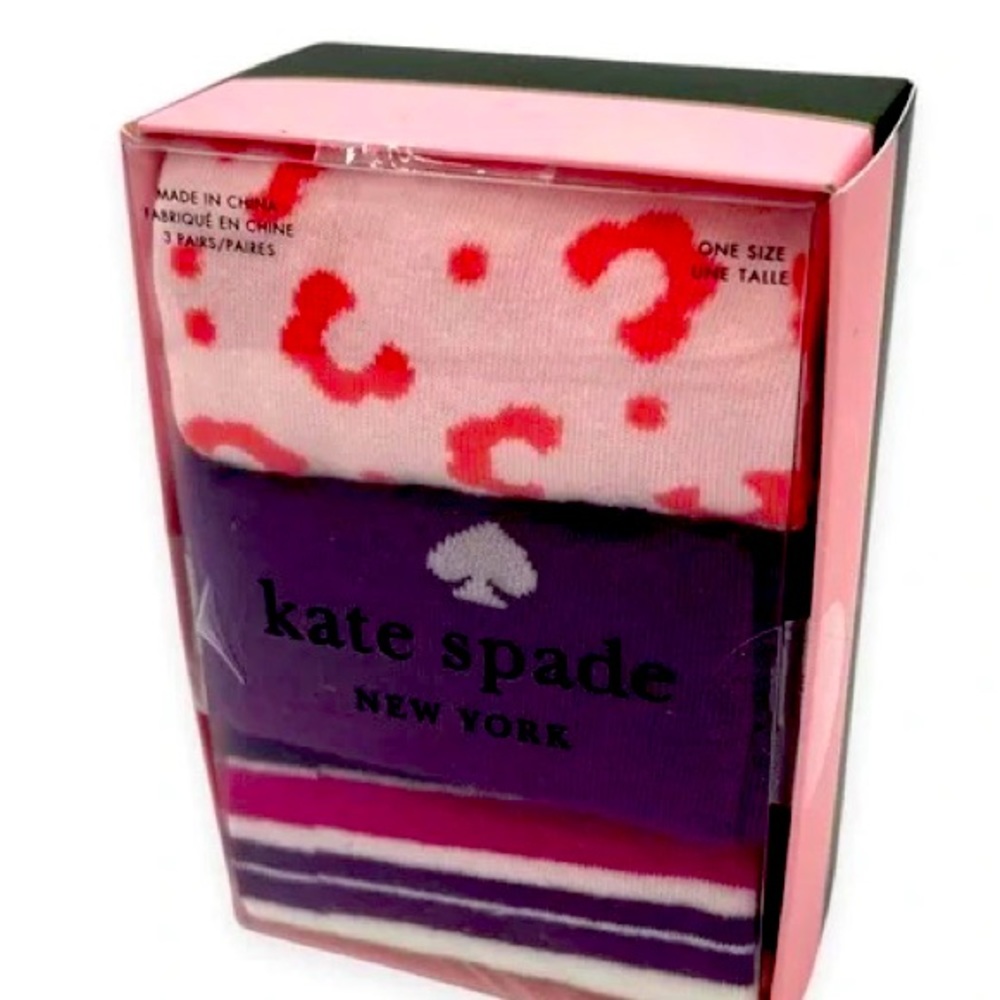Kate Spade NWT Boxed 3 Pair Crew Socks Pink/Purple Size:One Size Shoe Si…
